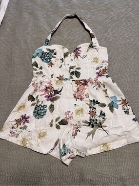 NWT Fashion Nova Arden Denim Floral Romper Size L Halter Corset Playsuit